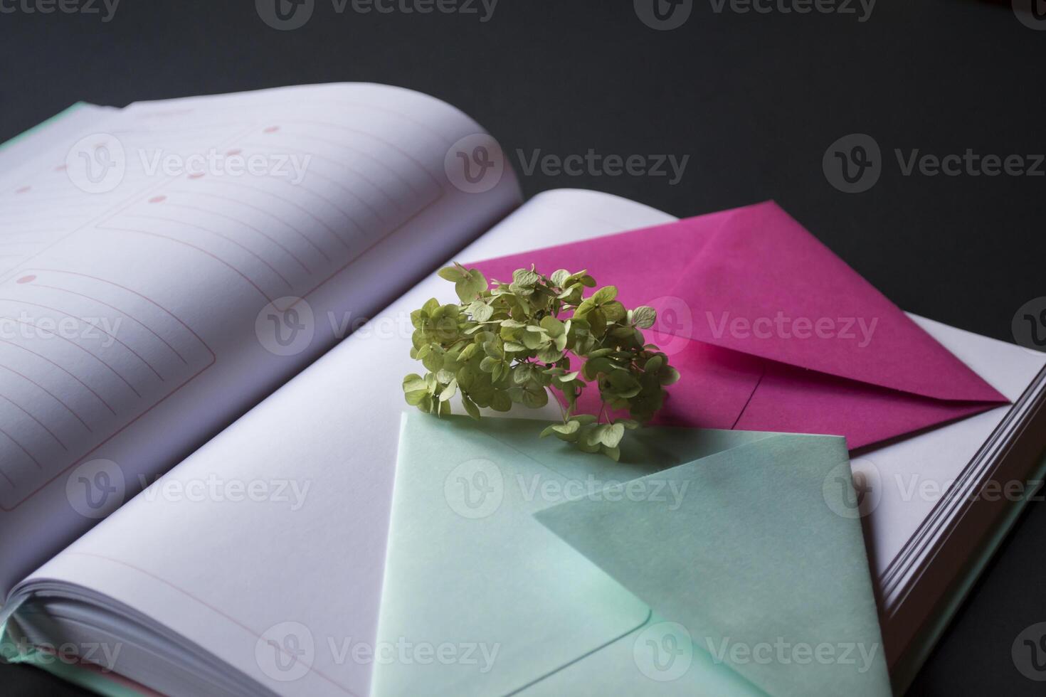 The turquoise and pink colors envelopes on the opened notepad, close up. photo