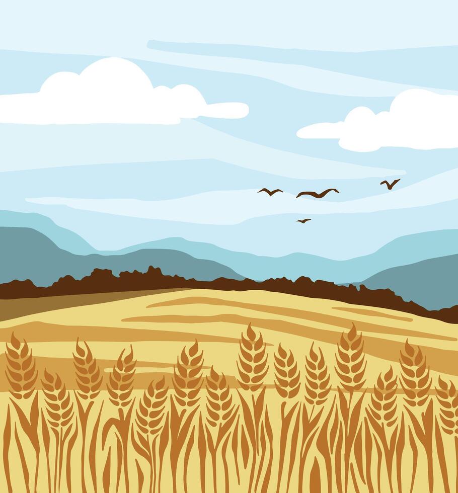 rural paisaje con trigo campo y amanecer en antecedentes. ilustración vector