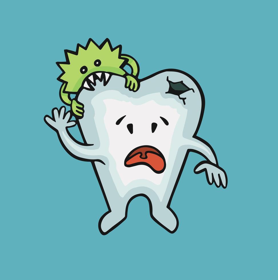 sad tooth broken due to caries, full color vector