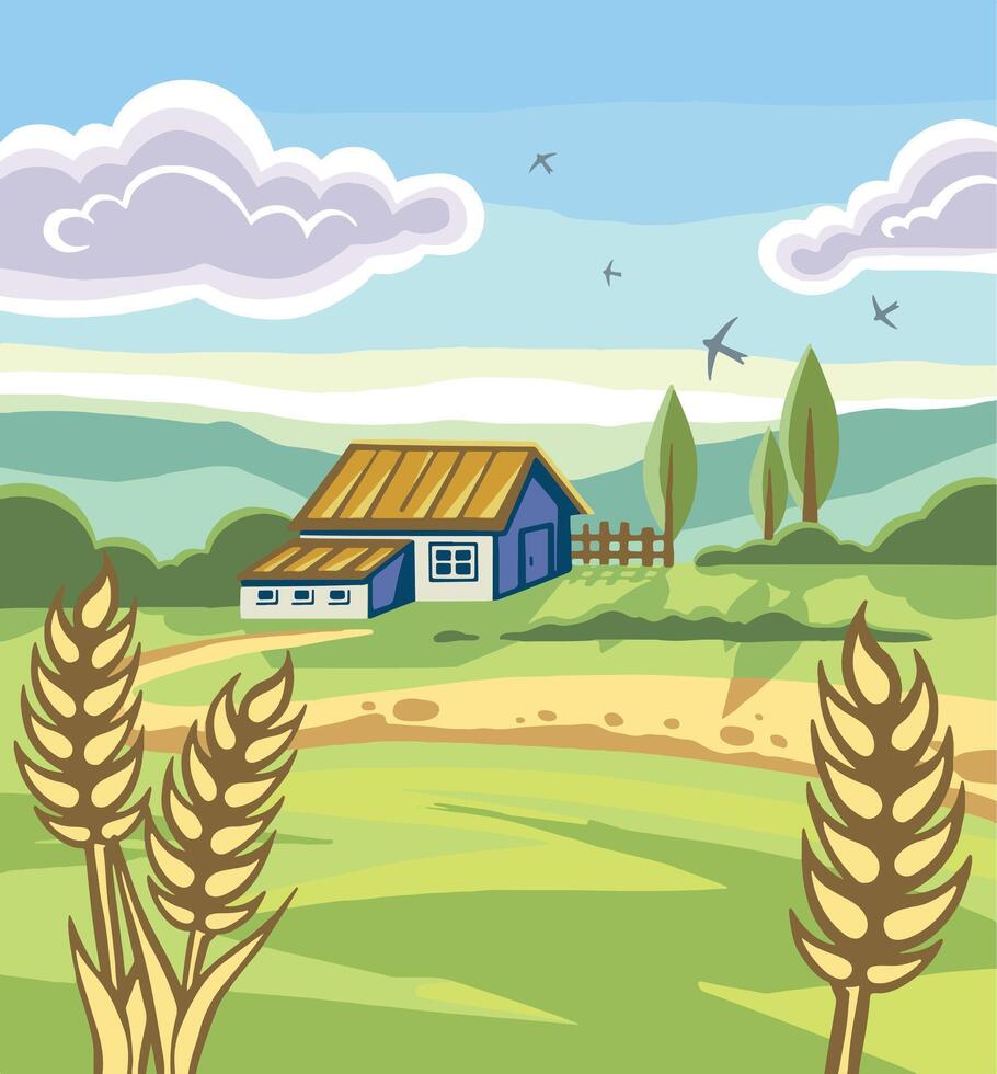 vegetable garden house trees fields mountains wheat. illustration vector