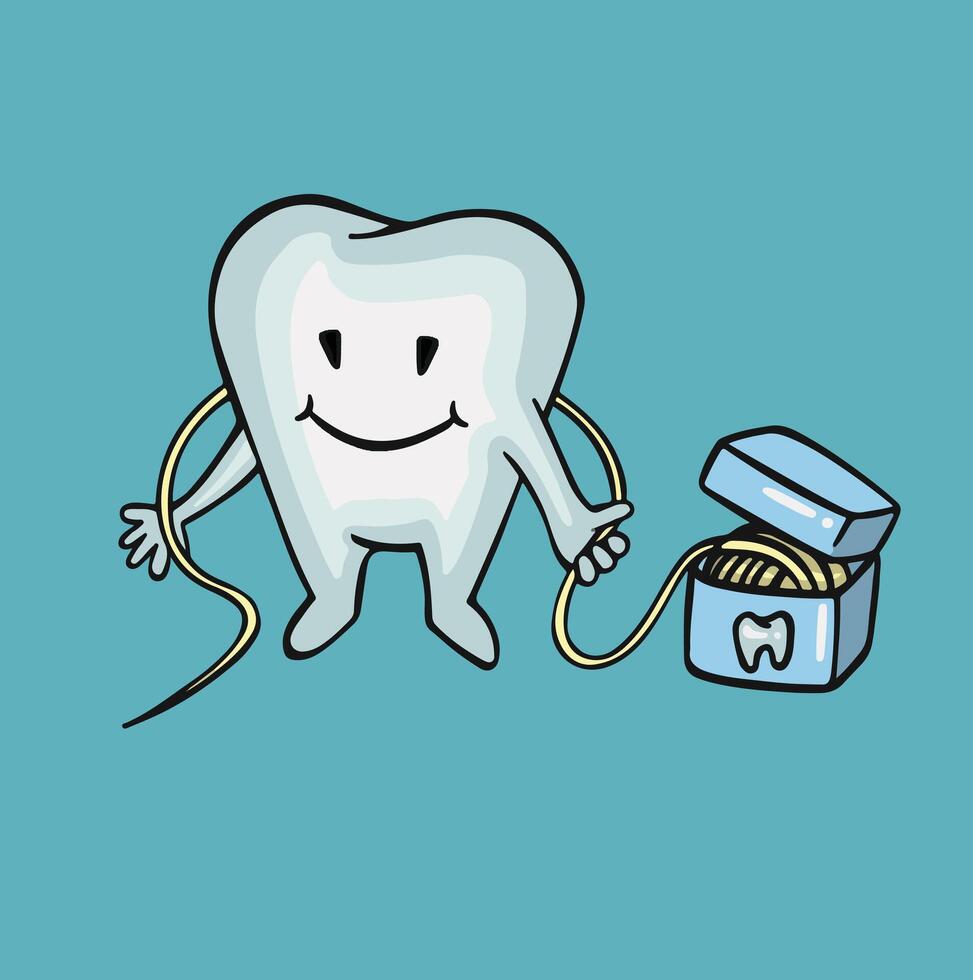 dental floss and tooth, full color vector