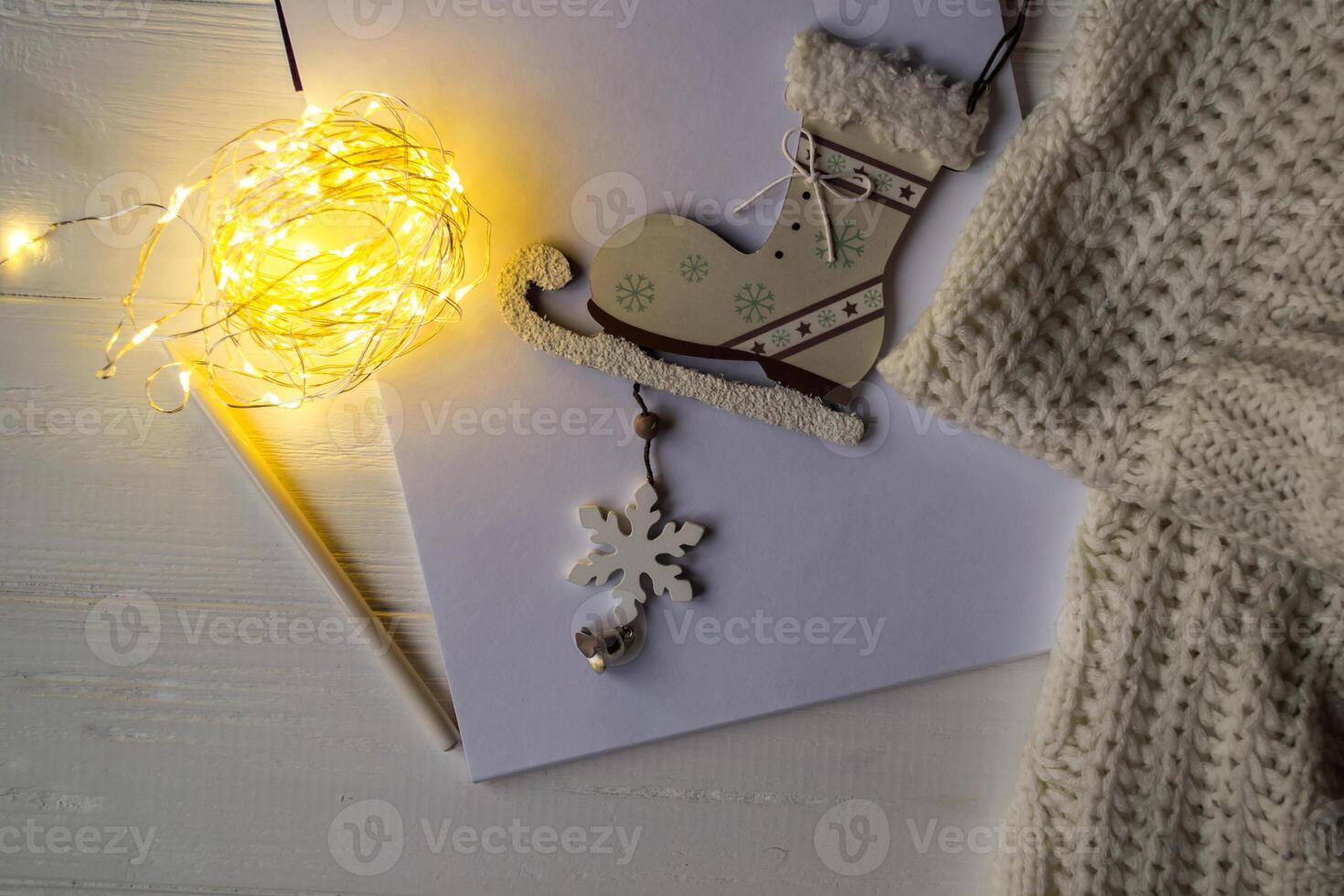 Christmas decorations on a white wooden background. photo