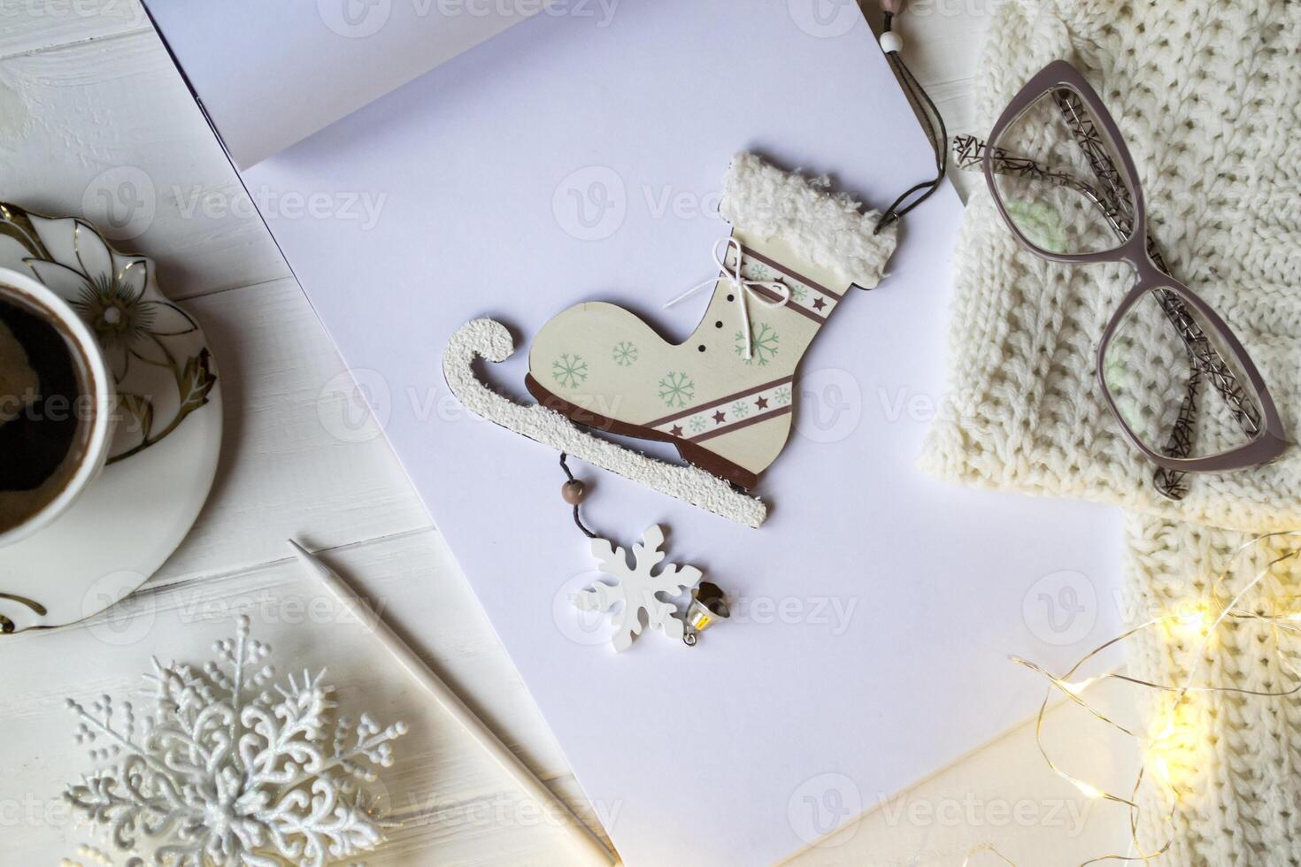 Christmas decorations on a white wooden background. photo