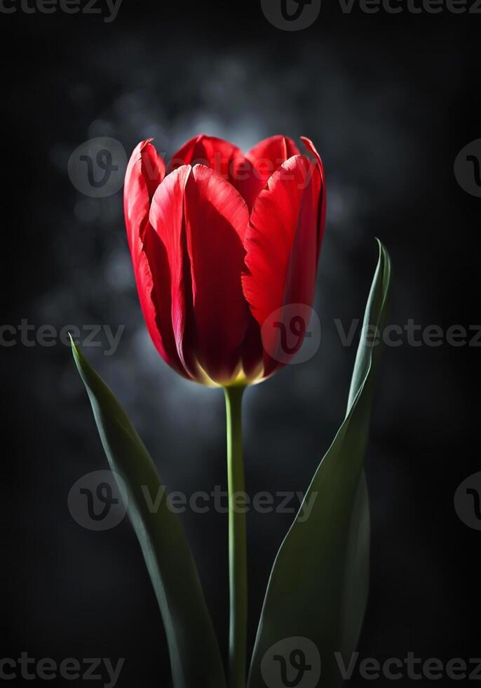 One tulip isolated on black background with incident light. photo