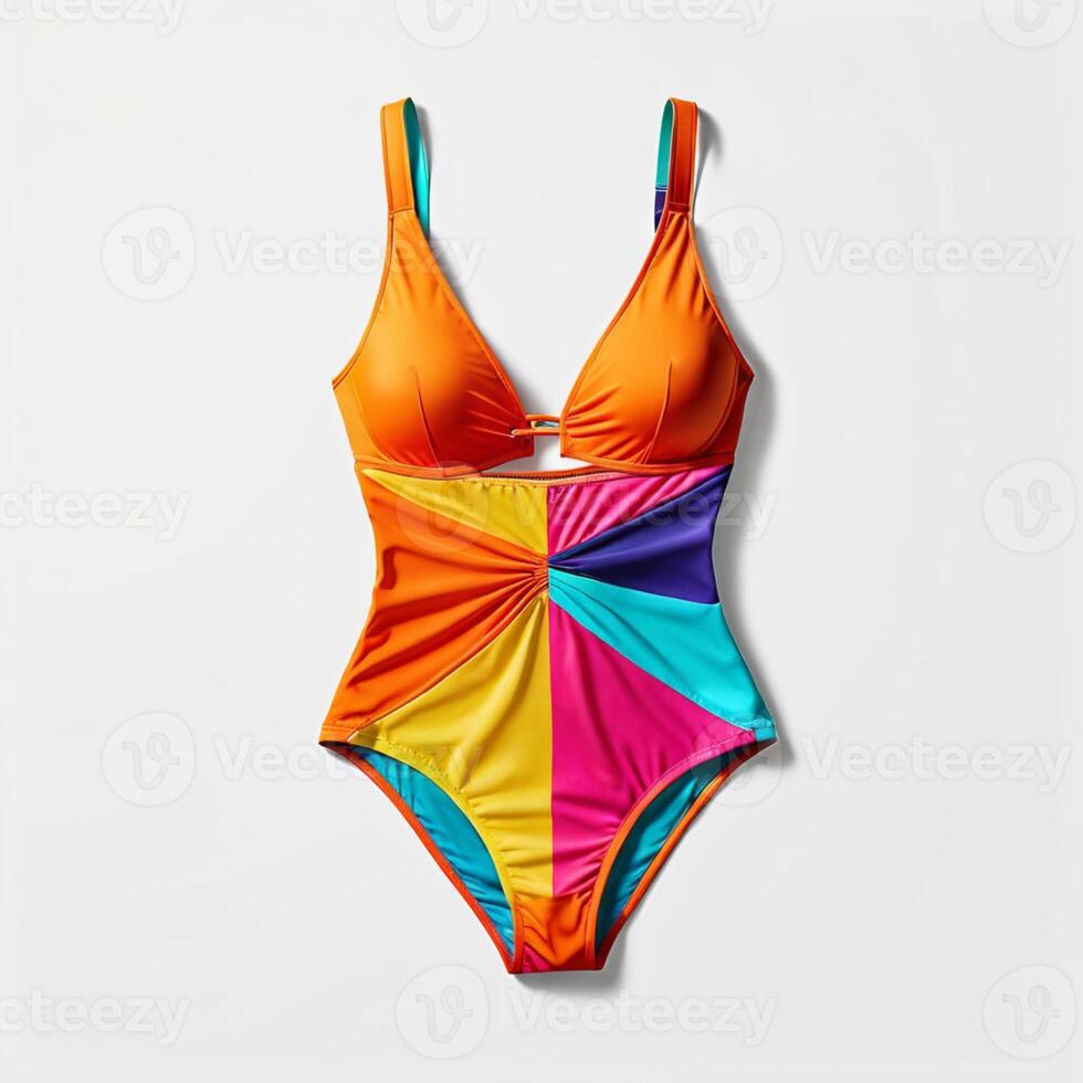 Bright colorful stylish women's swimsuit on white background photo