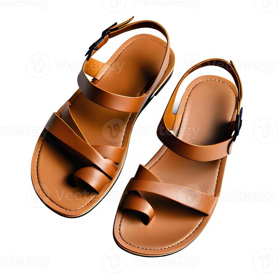 Pair of stylish brown sandals isolated on white background photo