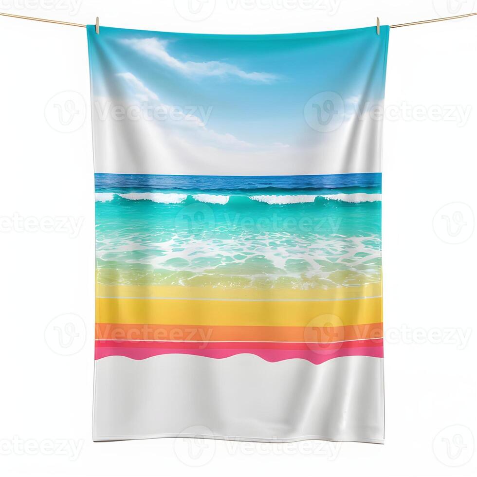 Beach colored towel with ocean pattern on white background photo