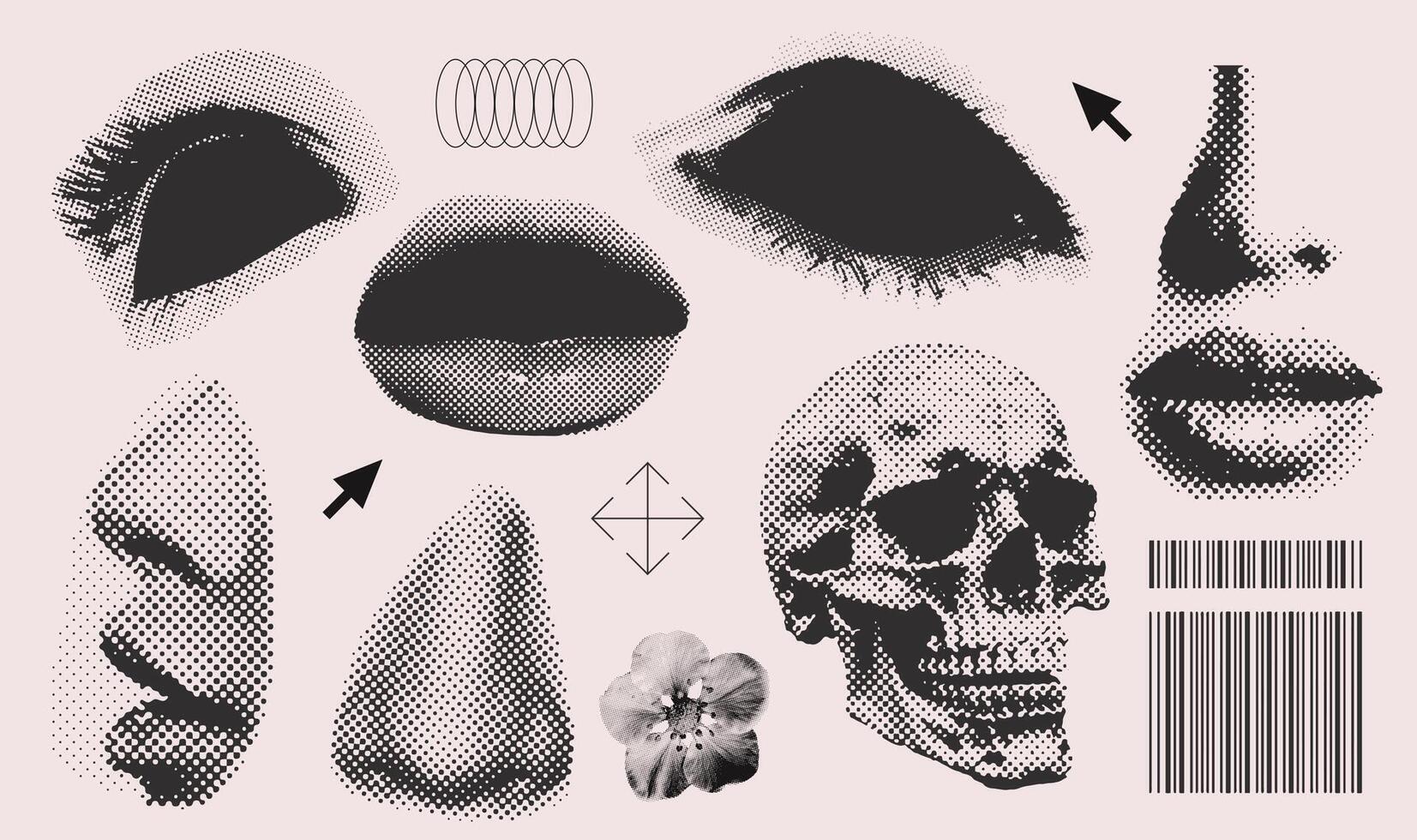Trendy grunge elements set with a retro photocopy effect. Vintage y2k elements for gloomy design. Skull, mouth, dark eye, lips, flower. illustration. vector