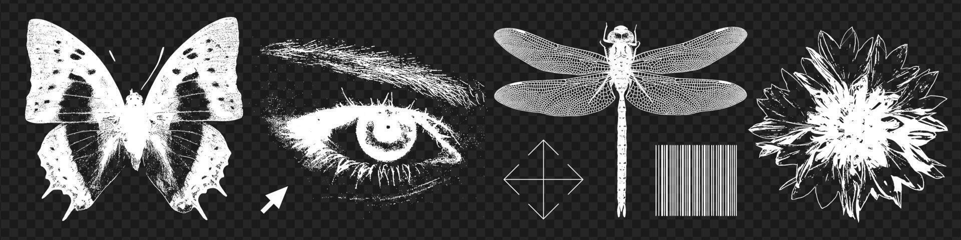 Trendy y2k grunge elements set with a retro photocopy effect. Rough textured butterfly, eye, dragonfly, flower for collage design. black and white illustration. vector