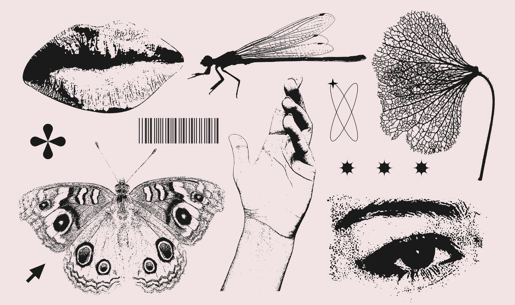 Trendy elements set with a 2000s natural beauty aesthetic. Retro photocopy effect y2k eye, lips, dragonfly, butterfly, hand for vintage print design. textured clipart vector