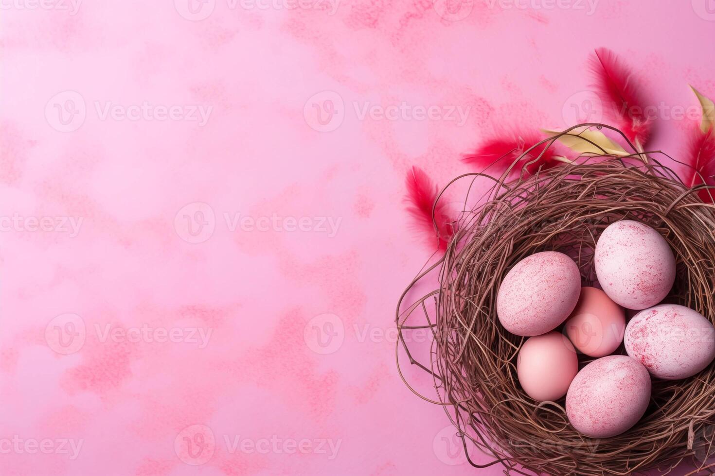 Easter holiday celebration banner greeting card with pastel painted eggs in bird nest on bright pink backround tabel texture.. Top view, flat lay with copy space photo