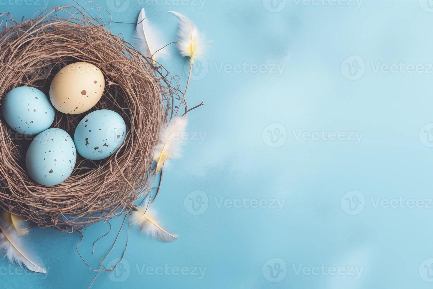 Easter holiday celebration banner greeting card with pastel painted eggs in bird nest on bright blue backround tabel texture. Top view, flat lay with copy space photo