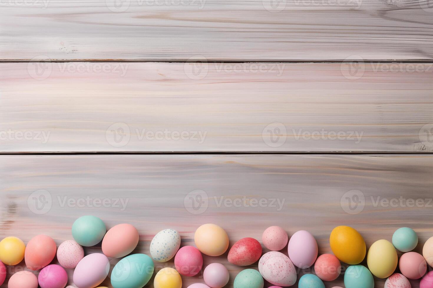 Easter holiday celebration banner greeting card with pastel painted eggs on bright wooden tabel texture photo