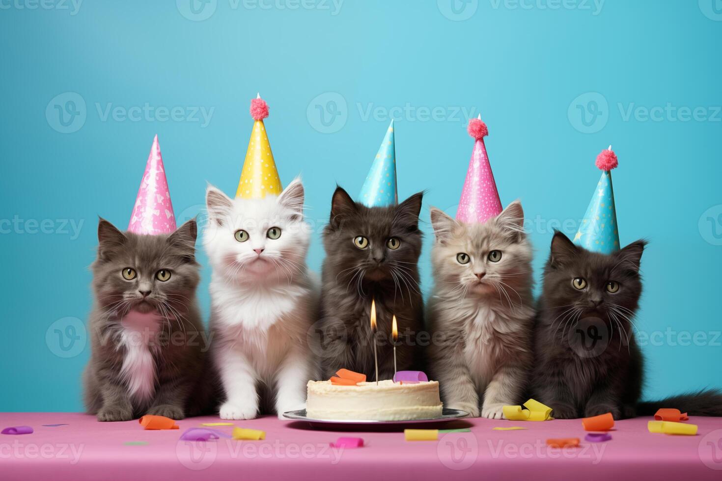 Celebration, happy birthday, Sylvester New Year's eve party, funny animal greeting card - Group of cute little cats pets with party hat on blue pink table wall background texture photo