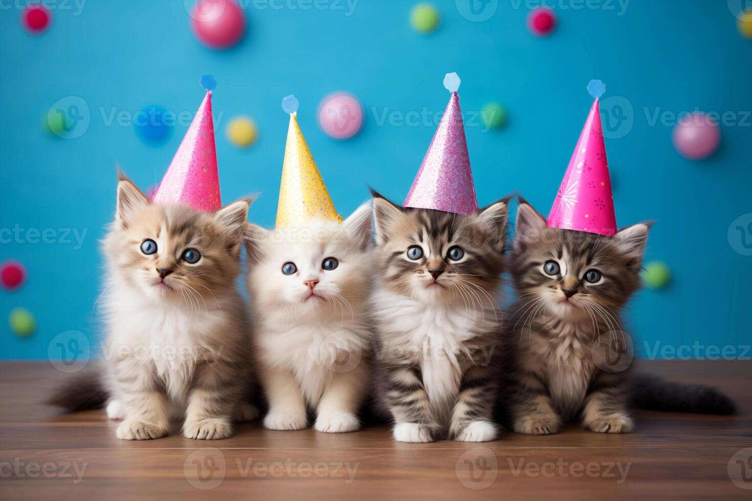 Celebration, happy birthday, Sylvester New Year's eve party, funny animal greeting card - Group of cute little cats pets with party hat on blue pink table wall background texture photo