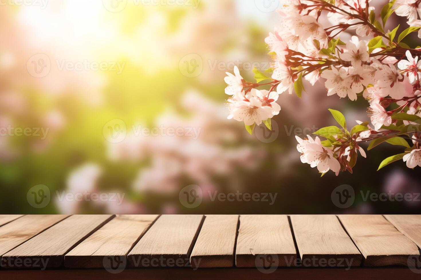 empty wooden table against spring time background photo