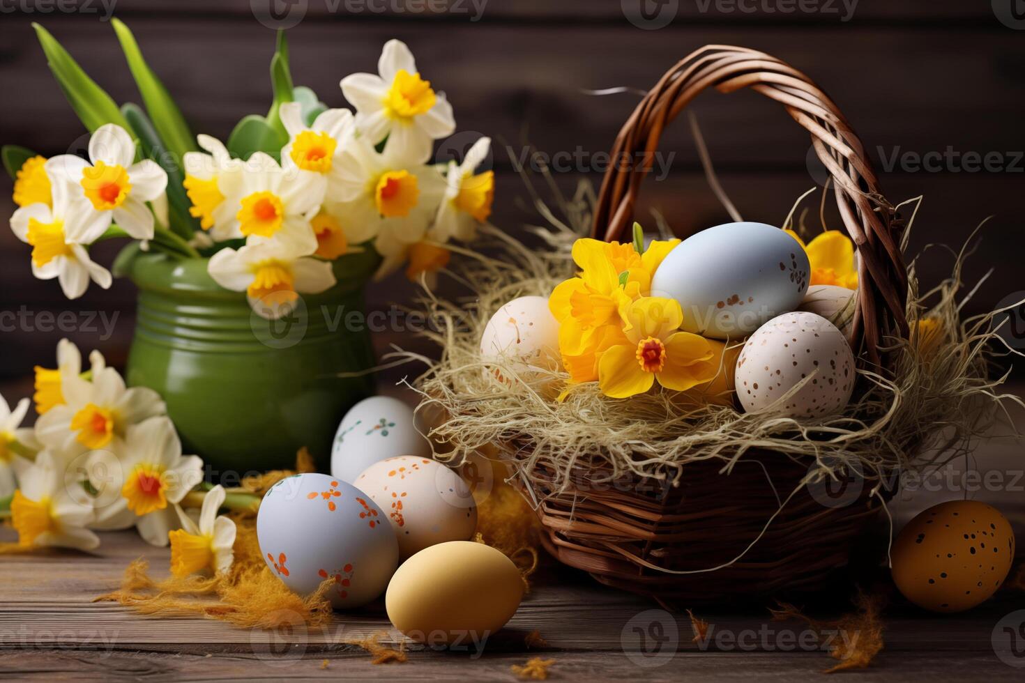 Easter holiday celebration banner greeting card banner with easter eggs in a bird nest basket and yellow daffodils flowers on table photo