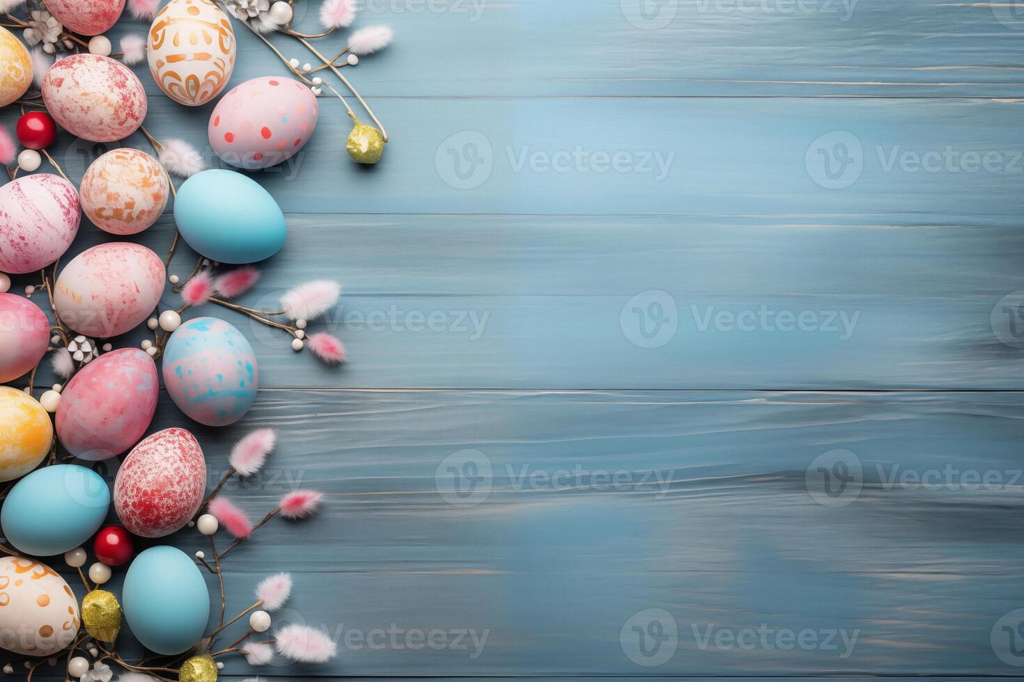 Easter holiday celebration banner greeting card banner - frame made of painted easter eggs on blue wooden table texture, top view, flat lay photo