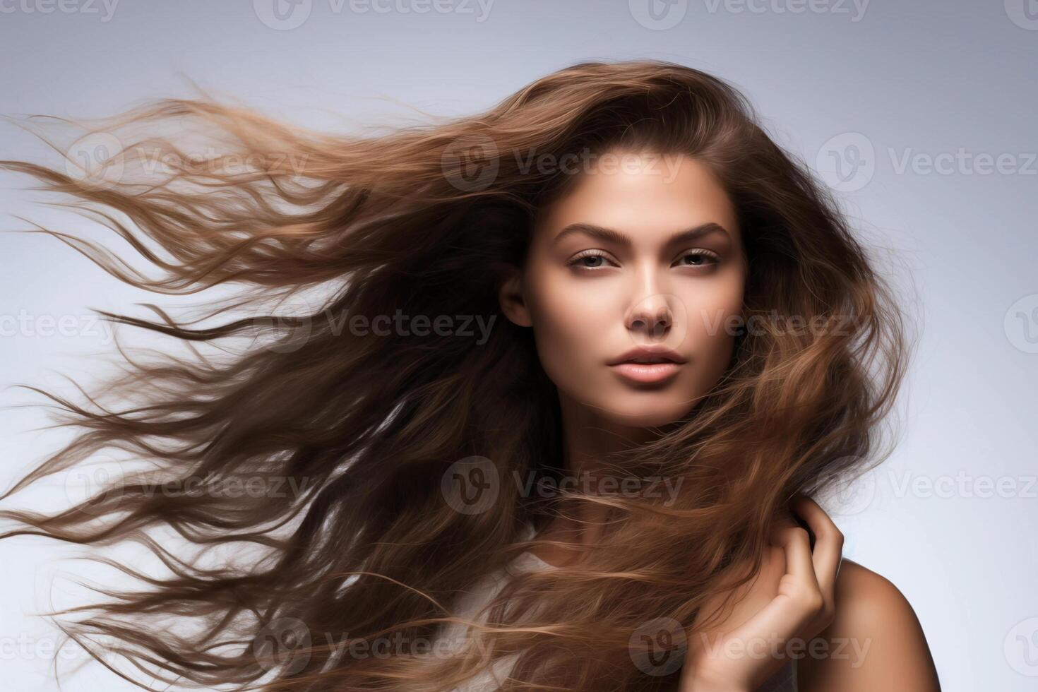 closeup of beautiful young female model woman shaking her beautiful hair in motion. ad for shampoo conditioner hair products. isolated on white background photo