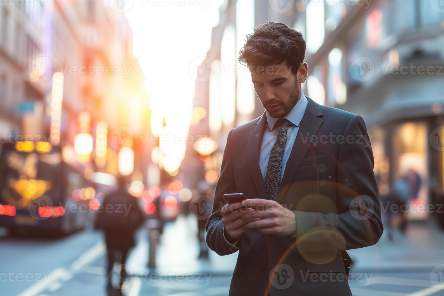 portrait of a business man, standing on a city street and using a mobile phone, photo
