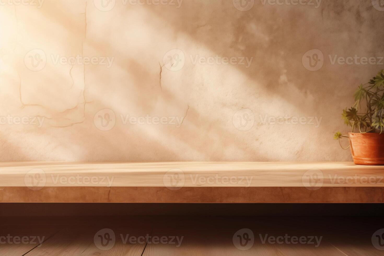 Empty wooden table top near stucco wall with with sunlight falling from the window and shadows. Table top with copy space for product advertising photo