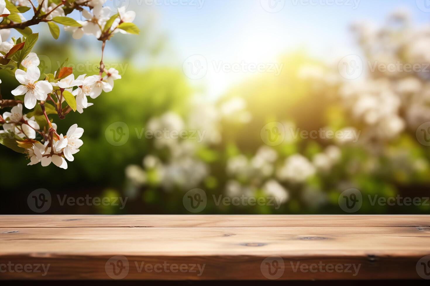 empty wooden table against spring time background photo