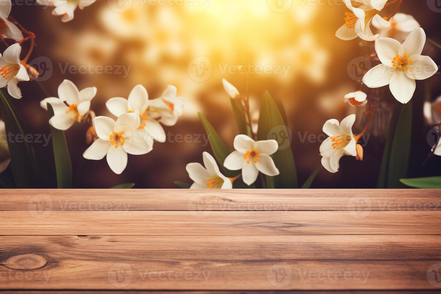 empty wooden table against spring time background photo