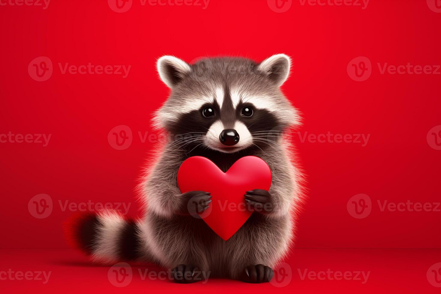 Happy Valentine's Day, Valentines Day, love, celebration concept greeting card with text - Cute racoon holding a red heart , isolated on red background photo