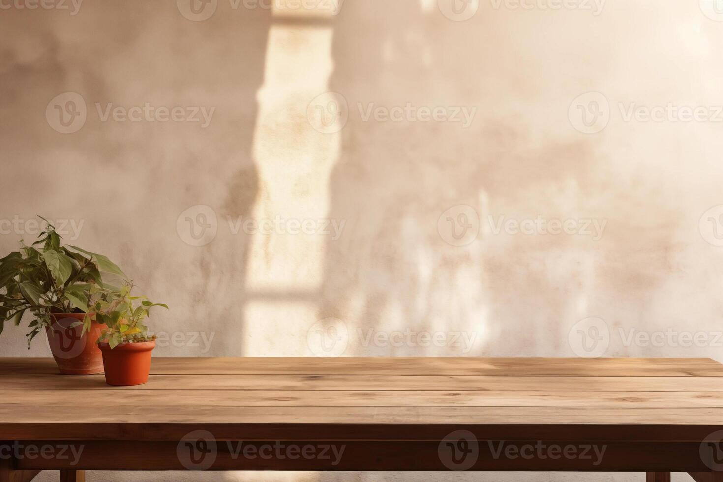 Empty wooden table top near stucco wall with with sunlight falling from the window and shadows. Table top with copy space for product advertising photo