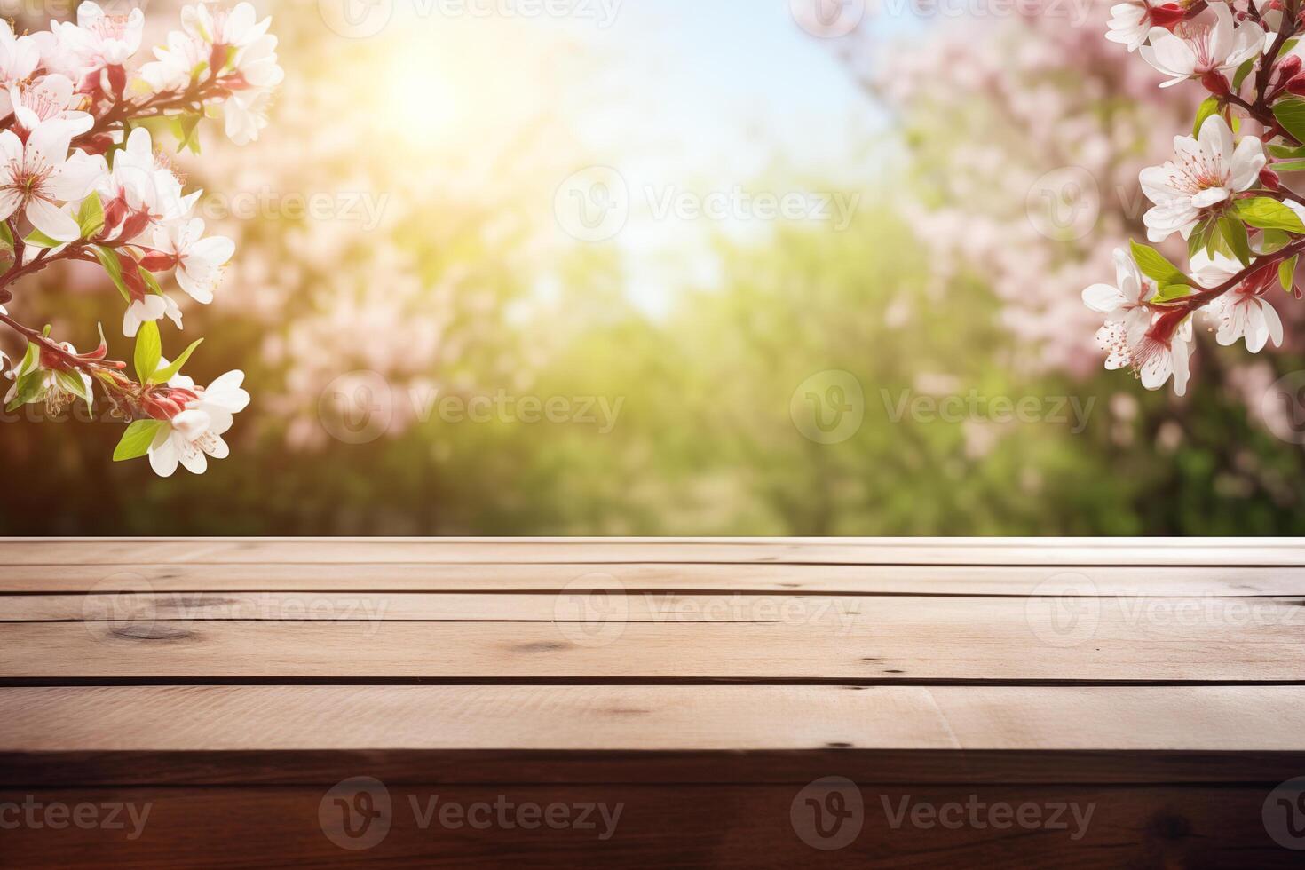 empty wooden table against spring time background photo