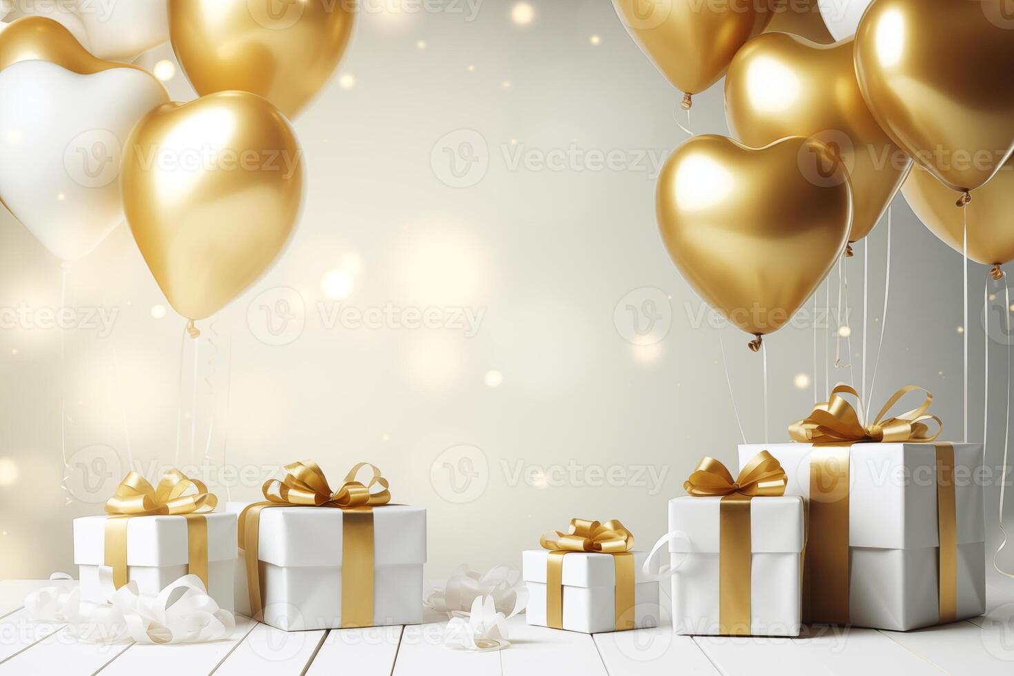 Happy Valentine's Day love or birthday celebration holiday background banner illustration greeting card - Gold heart balloons and gold white gift boxes on table photo