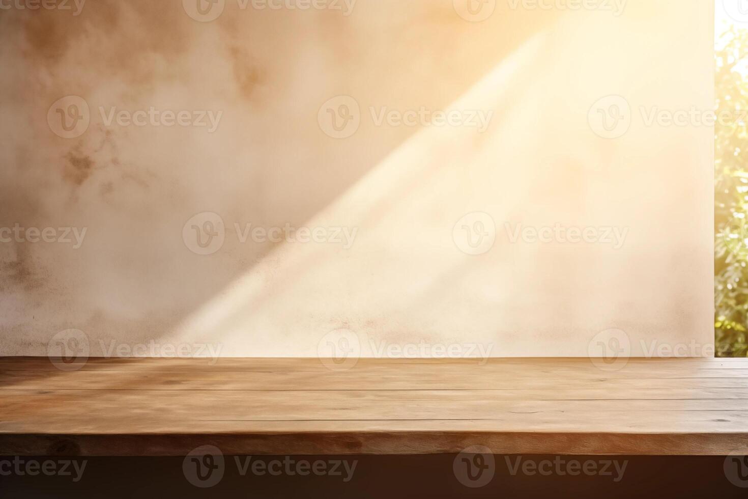 Empty wooden table top near stucco wall with with sunlight falling from the window and shadows. Table top with copy space for product advertising photo