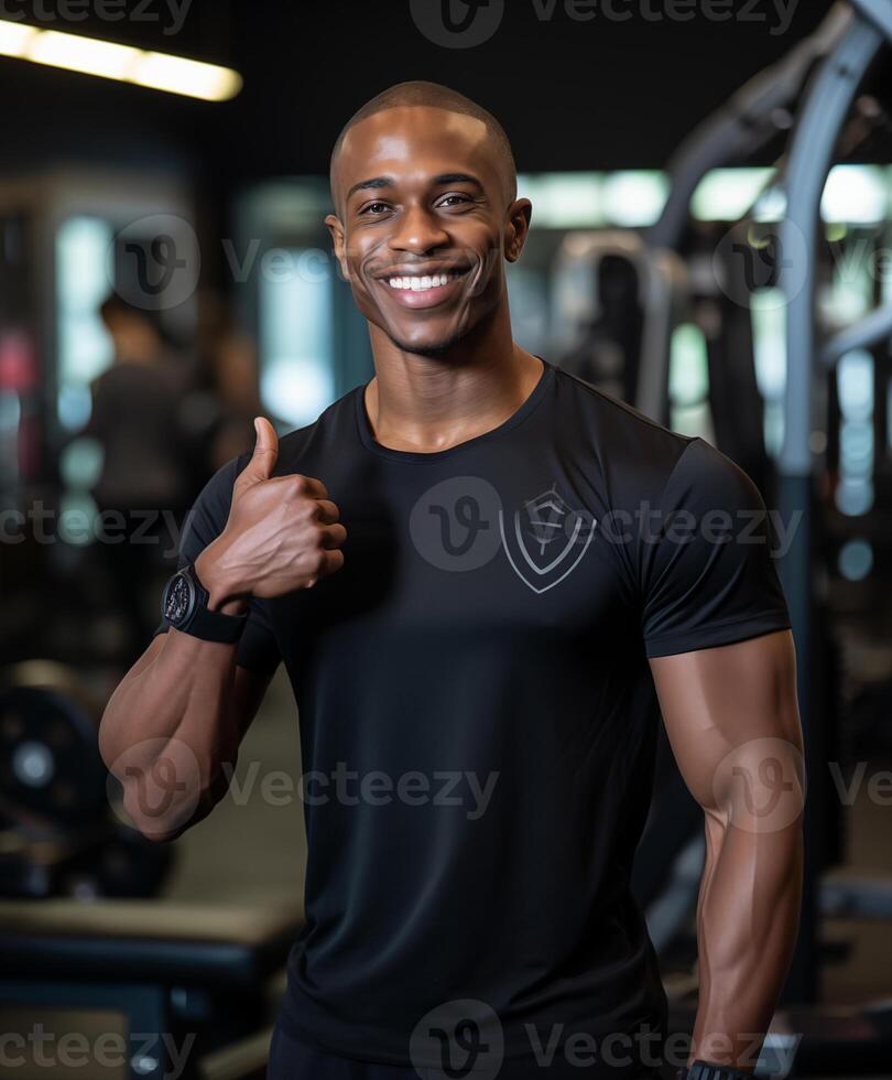 Healthy muscular man showing thumbs up at the gym photo