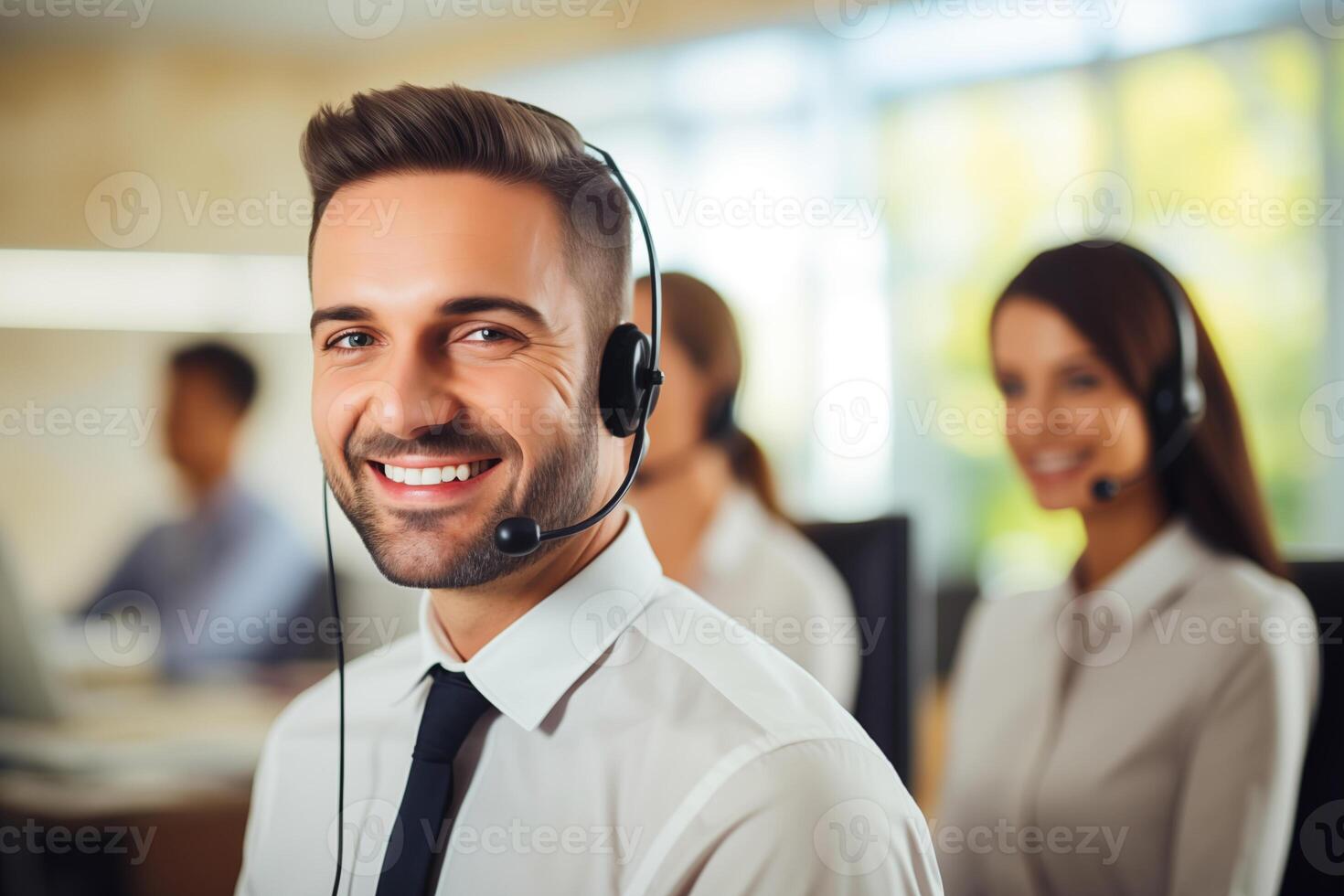 Portrait of a call center worker accompanied by his team. Smiling customer service operator at work. photo