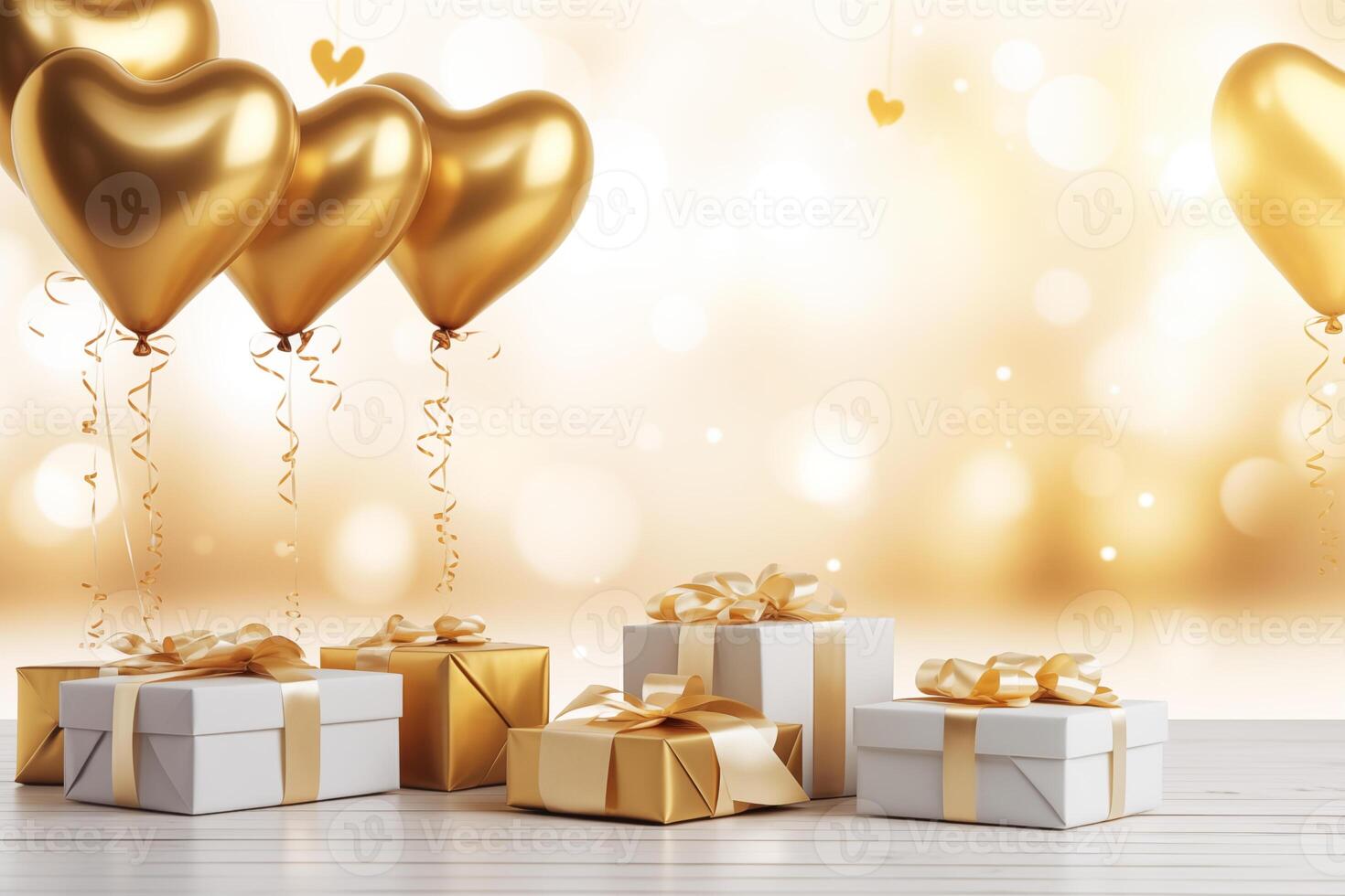 Happy Valentine's Day love or birthday celebration holiday background banner illustration greeting card - Gold heart balloons and gold white gift boxes on table photo