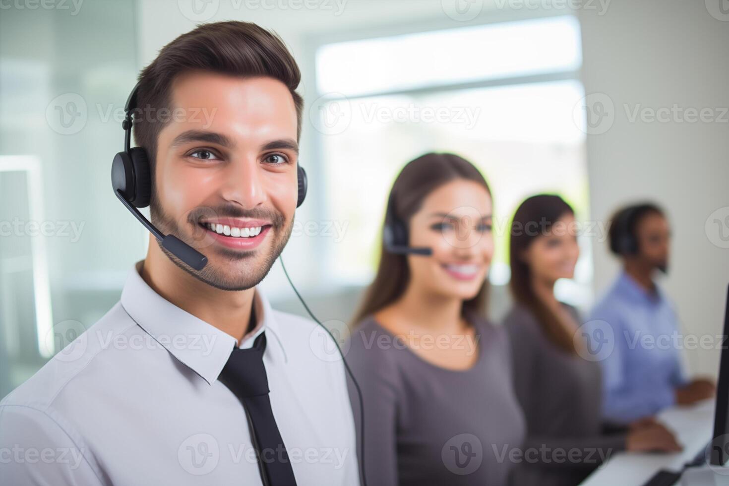 Portrait of a call center worker accompanied by his team. Smiling customer service operator at work. photo