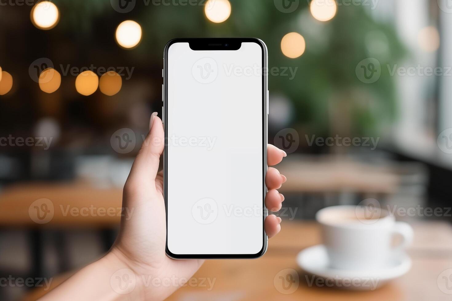 Mockup, woman's hand holding using mobile phone at coffee shop with copy space, white blank screen for text, mobile app design and advertising, online marketing photo