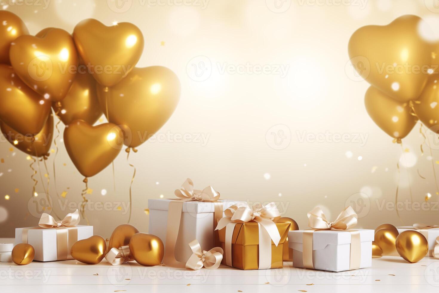Happy Valentine's Day love or birthday celebration holiday background banner illustration greeting card - Gold heart balloons and gold white gift boxes on table photo
