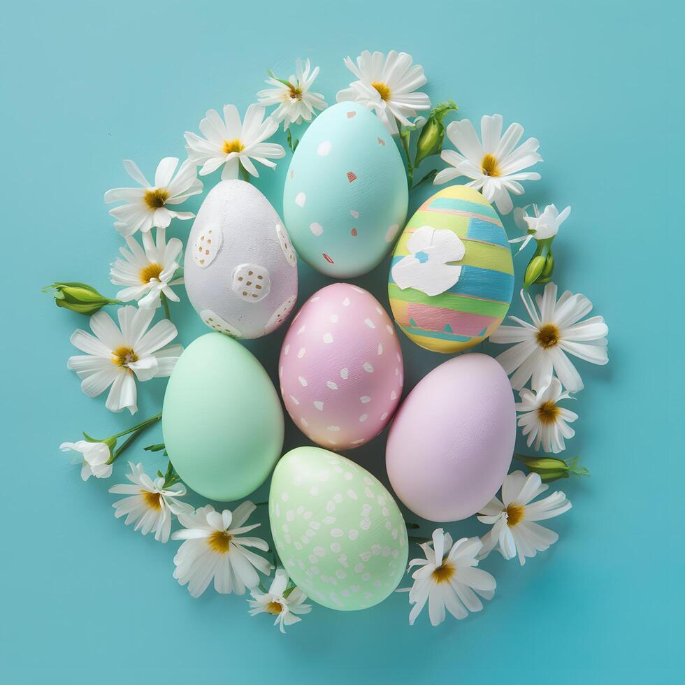 Easter holiday composition pastel eggs, white flowers Top view For Social Media Post Size photo