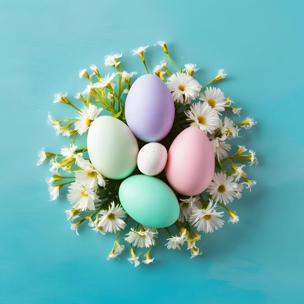 Easter holiday composition pastel eggs, white flowers Top view For Social Media Post Size photo