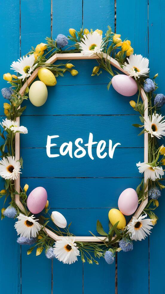 Easter decoration frame with flowers, eggs on blue wooden boards Vertical Mobile Wallpaper photo