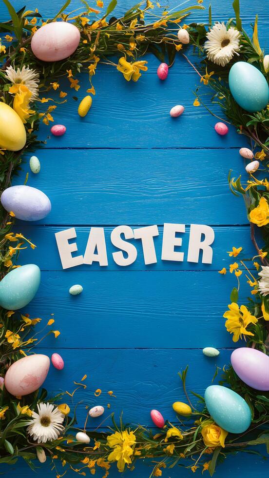 Festive Easter frame with flowers, eggs on blue wooden boards Vertical Mobile Wallpaper photo