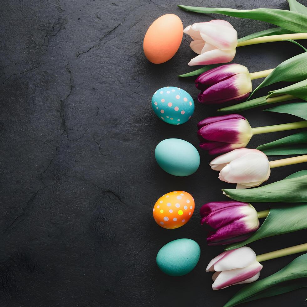 Tulips arranged on stone table, Colorful Easter eggs top view flat lay For Social Media Post Size photo