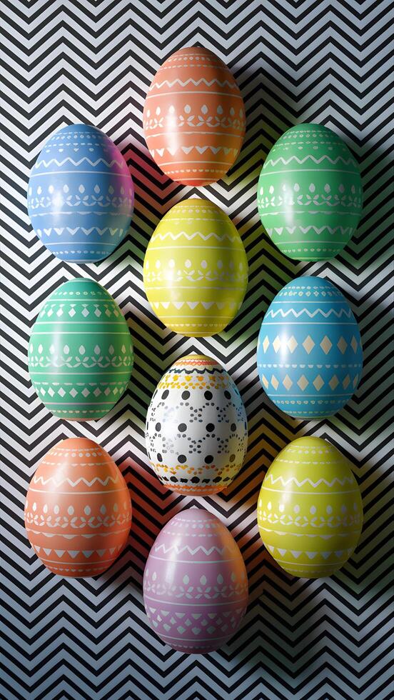 Seven Easter eggs on grey and black patterned background Vertical Mobile Wallpaper photo