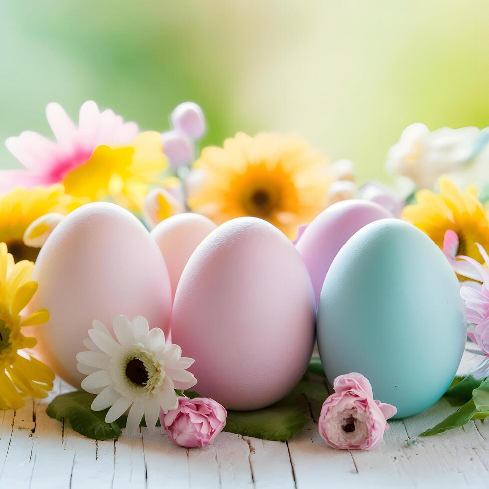 Easter themed arrangement pastel eggs, flowers against soft focus backdrop For Social Media Post Size photo