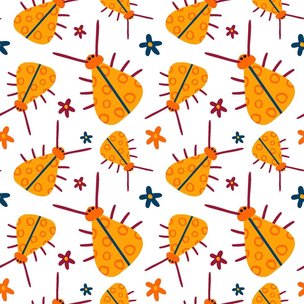 Seamless pattern with yellow bugs or ladybugs and flowers on white. Insects background, wrapping paper vector