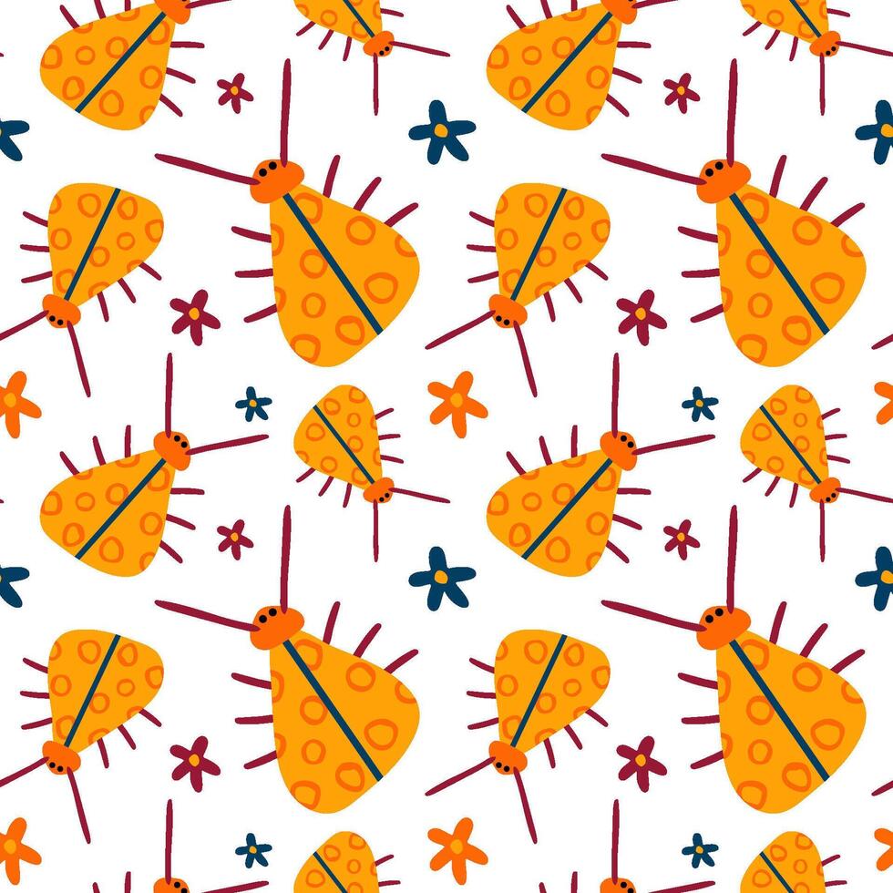 Seamless pattern with yellow bugs or ladybugs and flowers on white. Insects background, wrapping paper vector