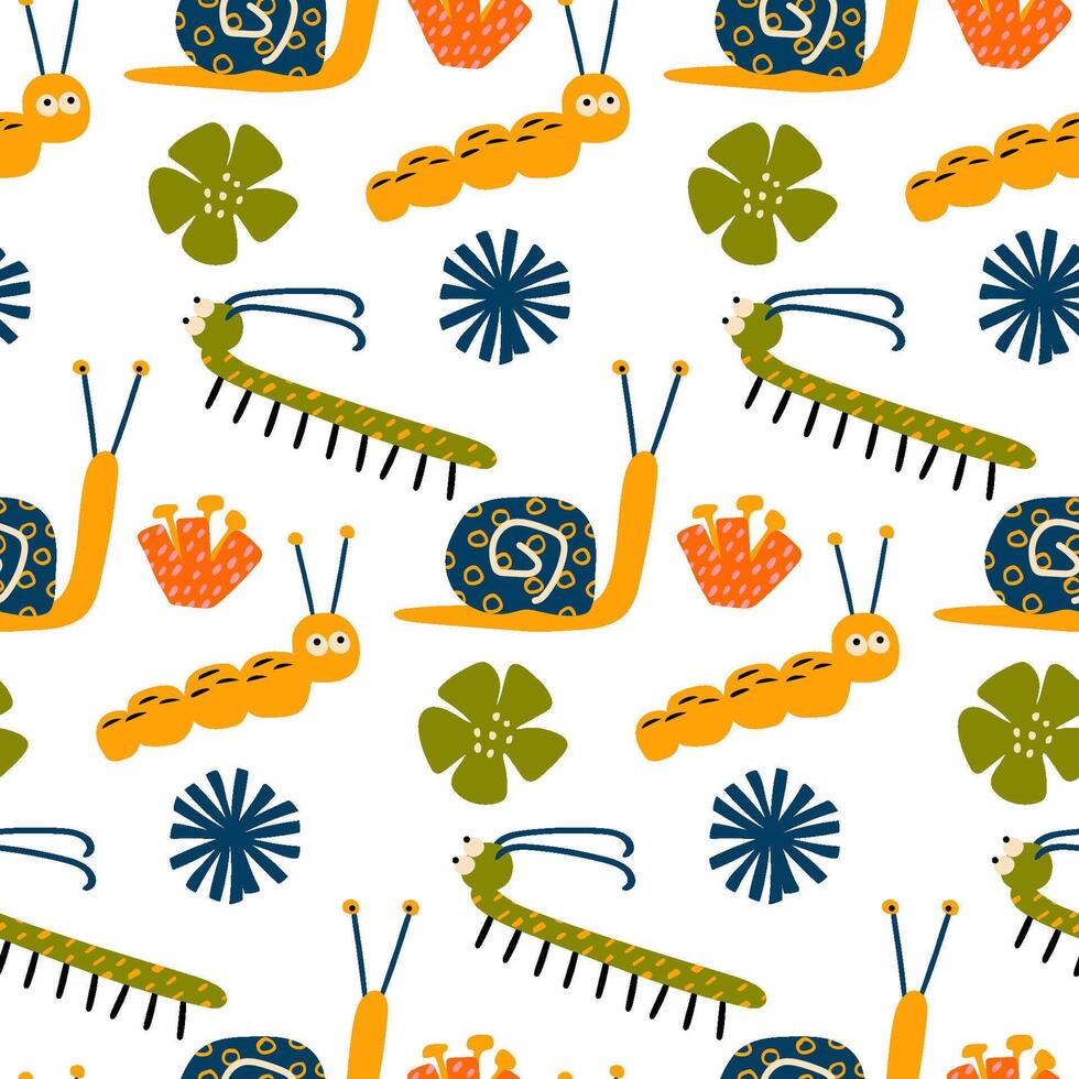 Seamless pattern with colorful caterpillars, snails, centipedes and flowers. Childrens background, wrapping paper vector