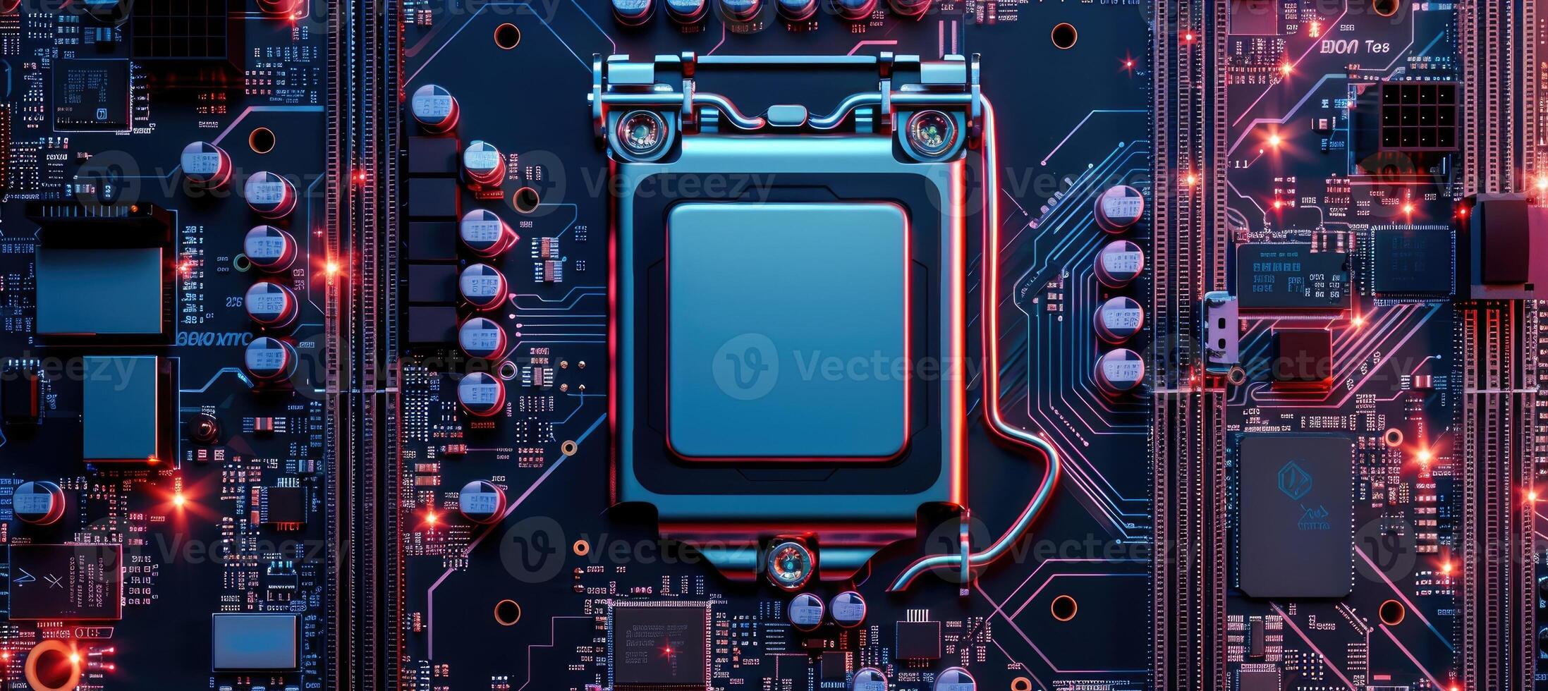 Computer motherboard with CPU. Circuit board system chip with core processor. Computer technology background. photo