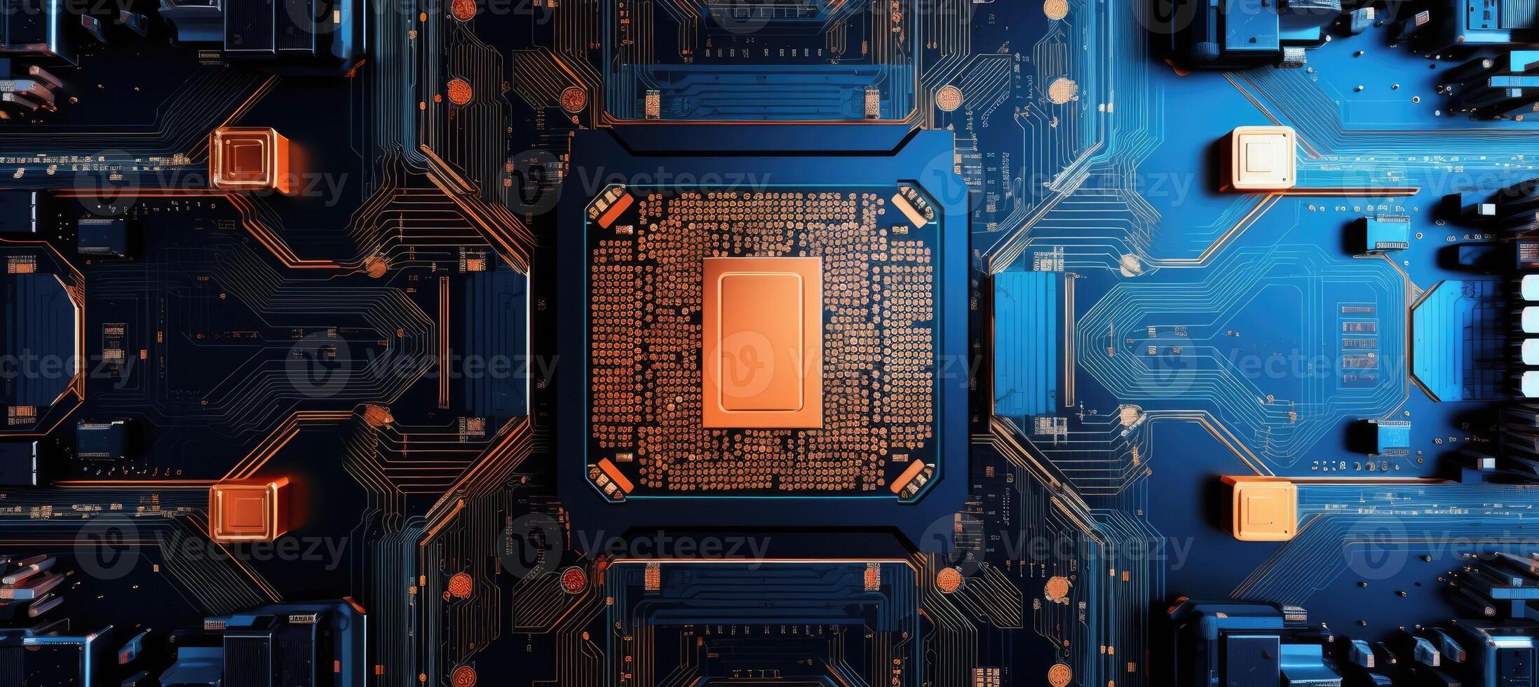 Computer motherboard with CPU. Circuit board system chip with core processor. Computer technology background. photo